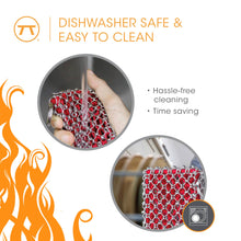 Load image into Gallery viewer, Red and silver scrubber with text 'Dishwasher safe &amp; easy to clean' on a white background.
