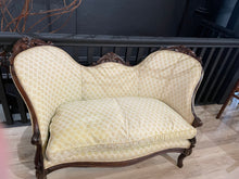 Load image into Gallery viewer, Vintage-style sofa with patterned upholstery and wooden frame on a neutral background
