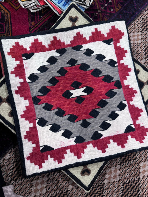 handmade pillow cover from India, black grey and red abstract print