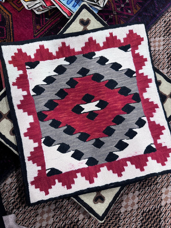 handmade pillow cover from India, black grey and red abstract print