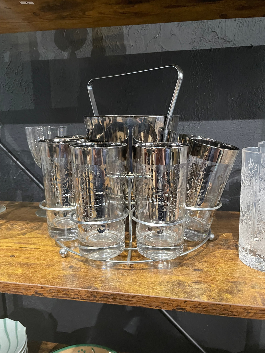 Vintage Kimiko Barware MCM Caddy Set of 8 Gladiator Shield Glasses and Ice Bucket