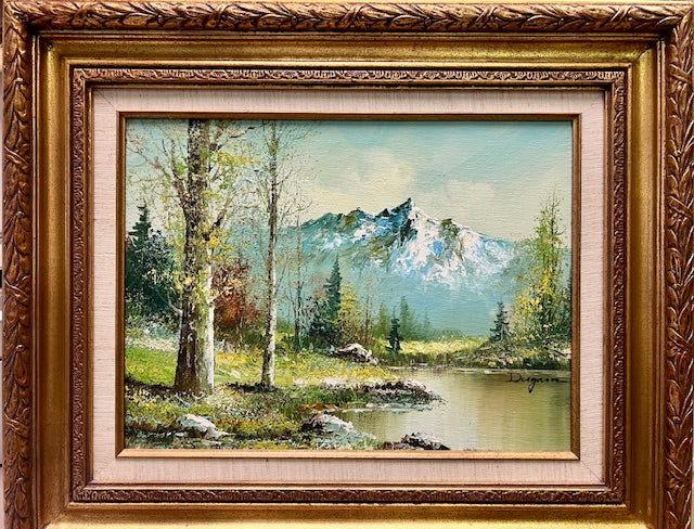 Vintage Hand Painted Mountain Landscape in Gilded Frame