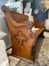 Load image into Gallery viewer, Wooden bench with intricate carvings in a living room setting
