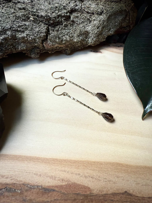 smokey quartz at the end of approx 2' chain earrings