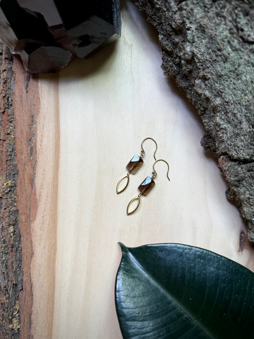 smokey quartz drop earrings with diamond brass pendant