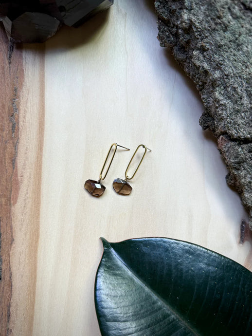brass oval with smokey quartz drop earring