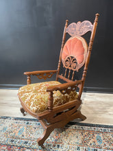 Load image into Gallery viewer, Decorative wooden chair with intricate carvings on a patterned rug.
