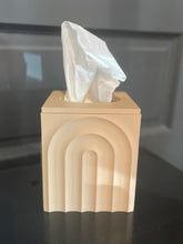 Load image into Gallery viewer, Beige tissue box with a white tissue on a dark surface
