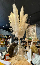 Load image into Gallery viewer, A large vase filled with fluffy cream pampas grass displayed on a wooden table inside a rustic shop interior.
