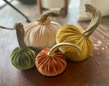 Load image into Gallery viewer, Four velvet decorative pumpkins in green, peach, orange, and mustard yellow arranged on a dark wooden table.
