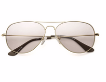 Load image into Gallery viewer, Aviator style reading glasses with gold frame and grey tinted lenses on a white background
