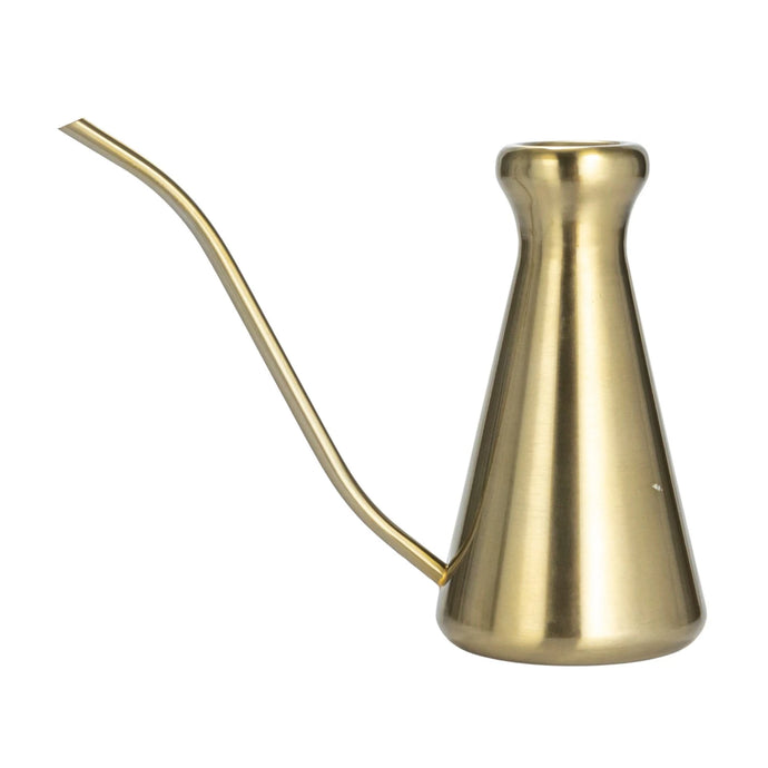 brass finished, sleek designed, minimilasit watering can with extra long watering spout