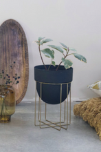 Load image into Gallery viewer, Black Metal Planter with Gold Finish Stand - Set of Two
