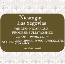 Load image into Gallery viewer, Label for Nicaragua Las Segovias coffee with details on origin, process, co-op, and flavor notes.
