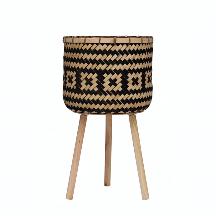 Hand-Woven Bamboo Basket with Wood Legs and Geometric Pattern