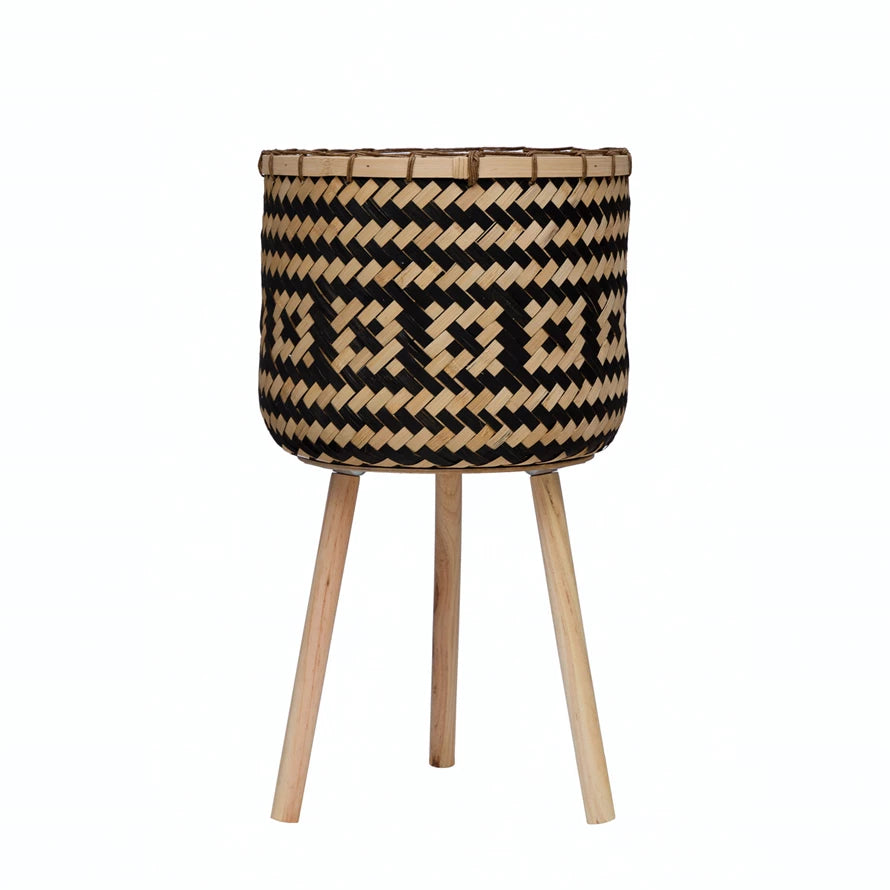 Hand-Woven Bamboo Basket with Wood Legs and Geometric Pattern