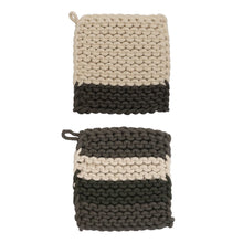 Load image into Gallery viewer, Two knitted potholders with a striped pattern on a white background

