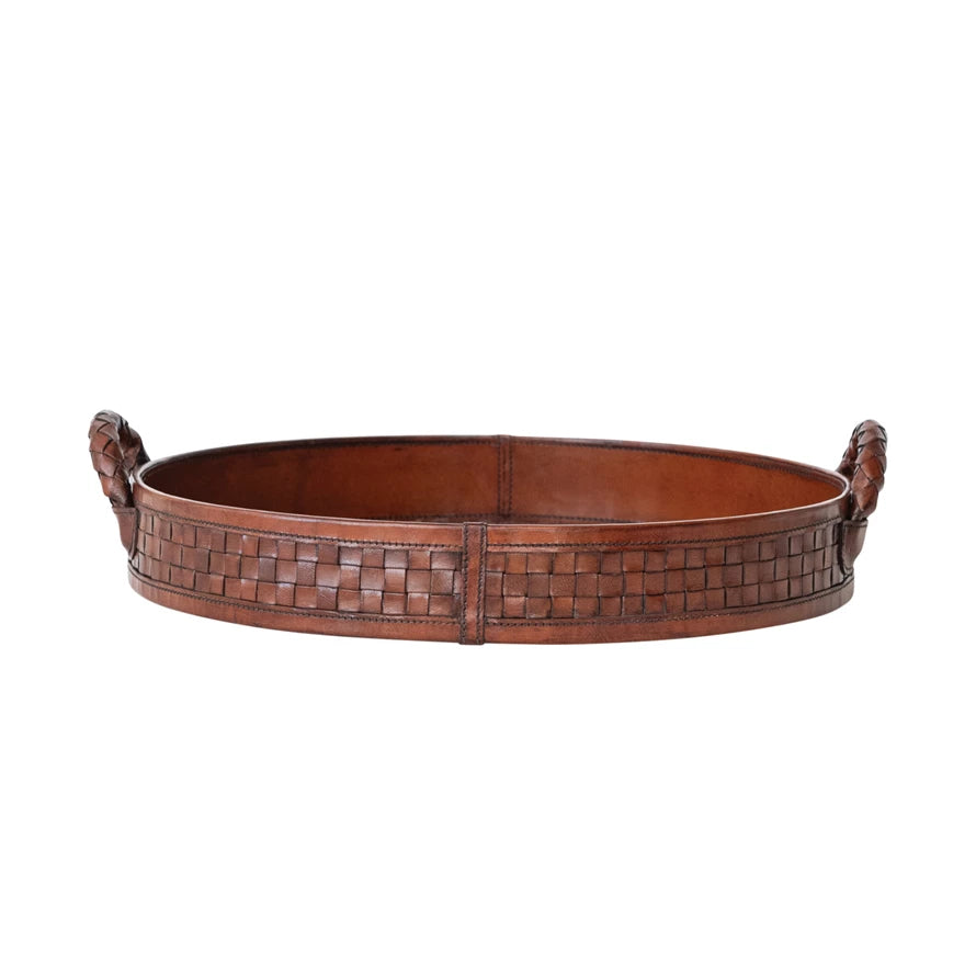 Decorative Woven Leather Tray with Braided Handles