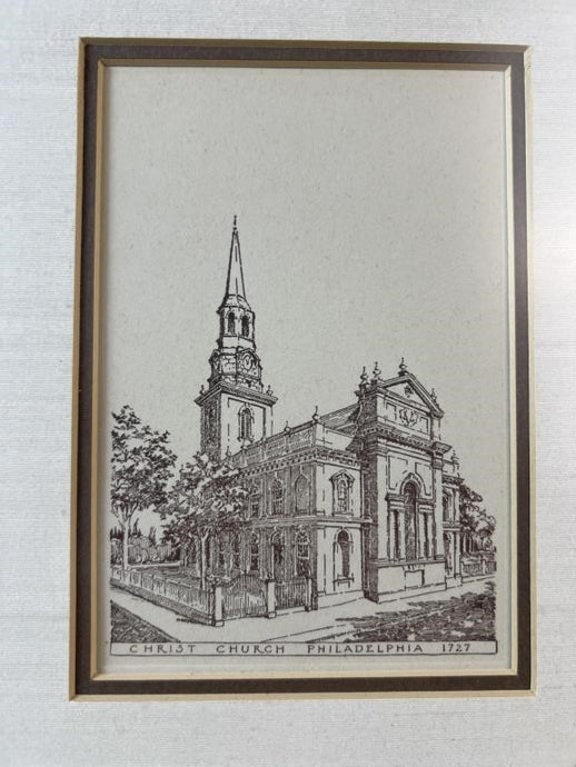 Framed black and white print of Christ Church, Philadelphia on a textured wall.