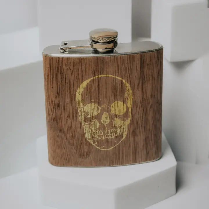 Gold Foil Skull Wood Veneer Covered 6 ounce stainless steel Flask
