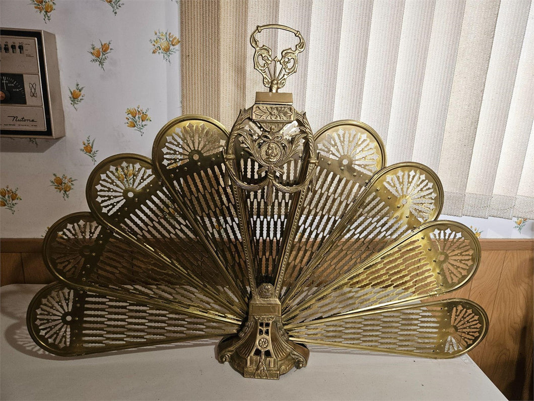 Vintage Mid Century Brass Folding Peacock Tail Fan Fireplace Screen