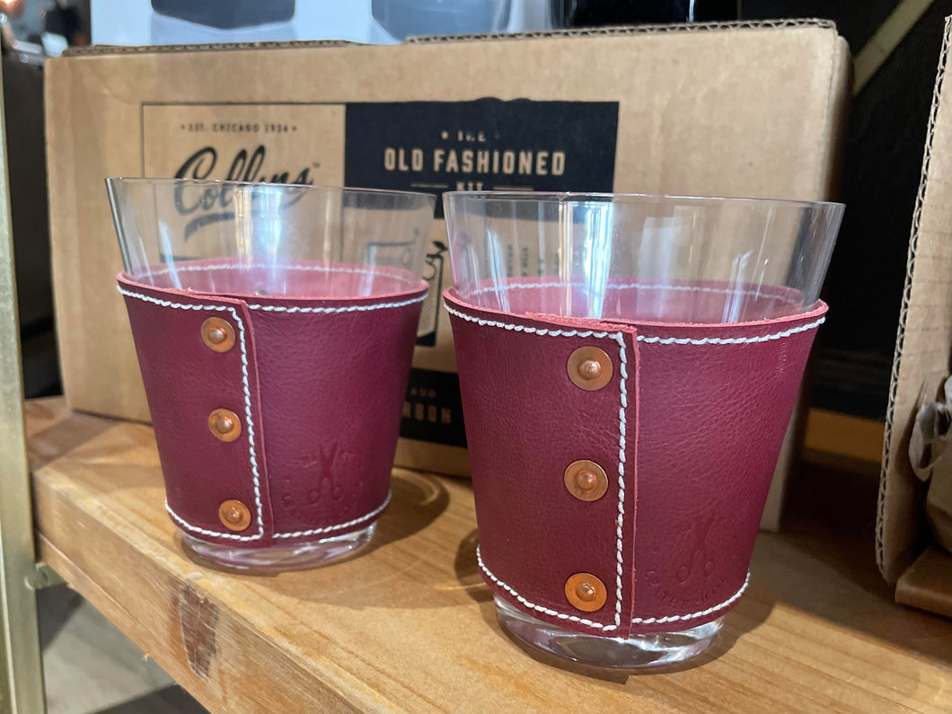 Bourbon Glass with Leather Wrap in Deep Red