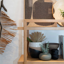 Load image into Gallery viewer, Wooden shelf with decorative items including vases and a plant against a neutral wall.
