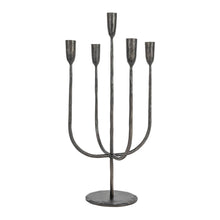 Load image into Gallery viewer, Black metal candelabra with five candle holders on a white background
