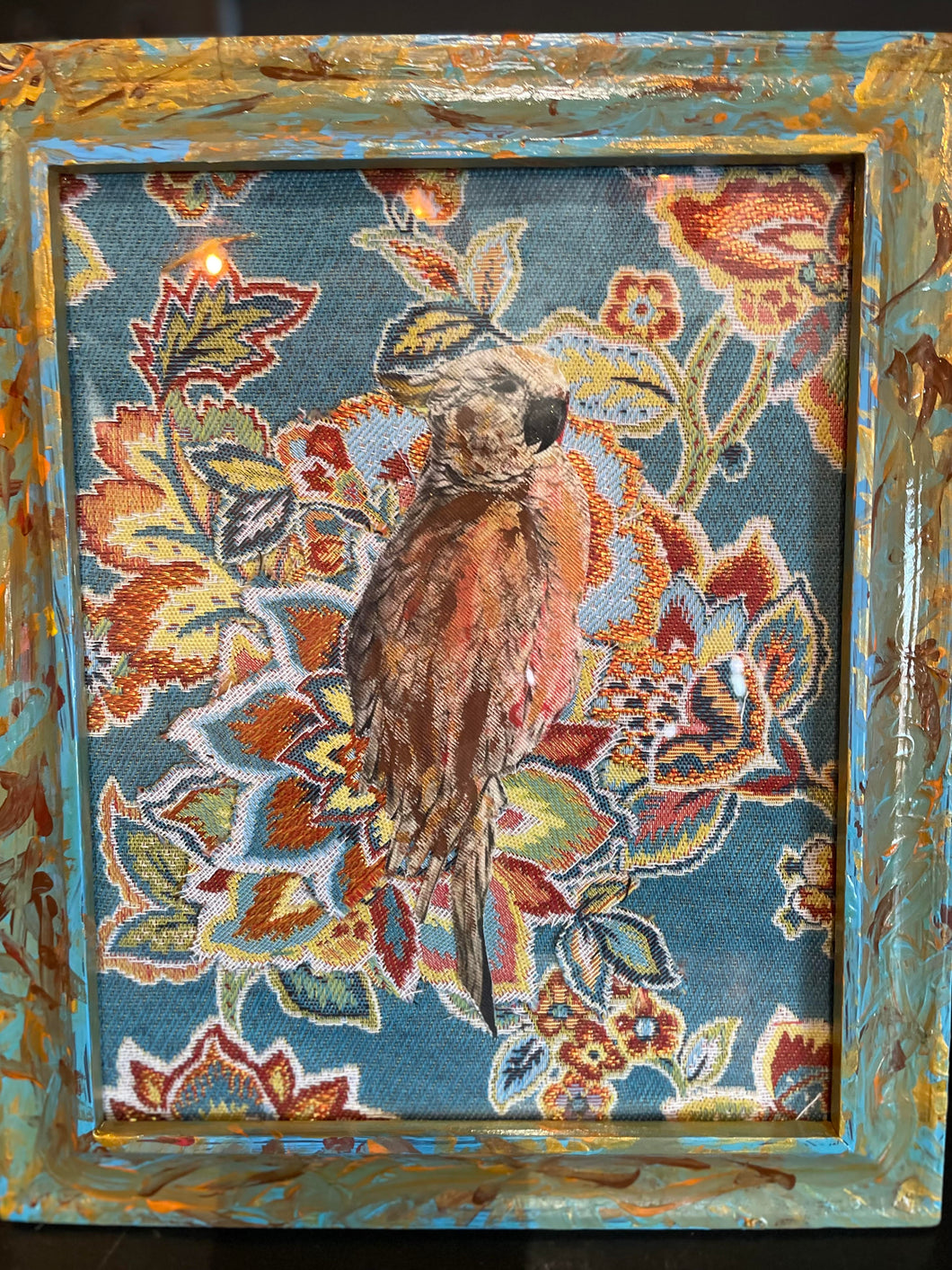NoNo Lenhoff Stories Under Glass Bird With Flowers Textile Art