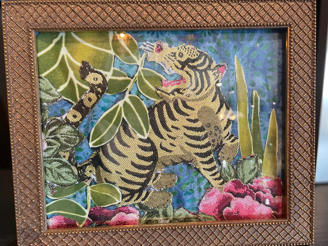 Tiger In The Wild Textile Art by NoNo Lenhoff's Stories Under Glass Series.