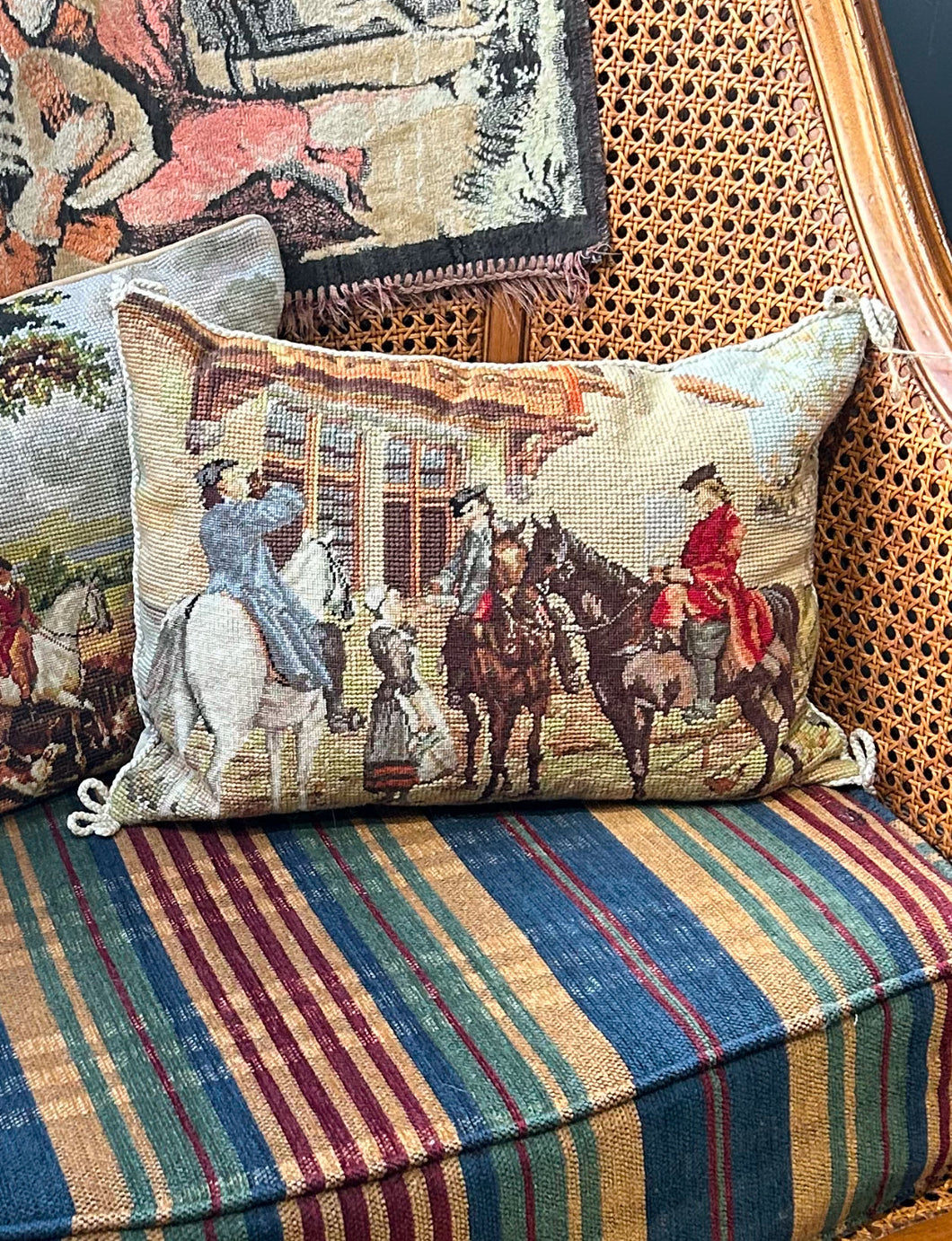 vintage needlepoint pillow , women riding horses
