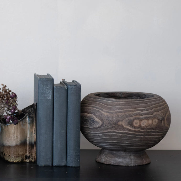black washed wood pedestal planter