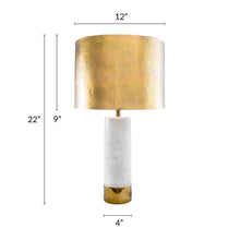 Load image into Gallery viewer, Table lamp with gold shade and marble base, shown with dimensions on a white background
