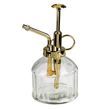 Load image into Gallery viewer, Clear glass spray bottle with gold metal nozzle on a white background
