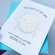 Load image into Gallery viewer, Greeting card with disco ball illustration and text on a blue background

