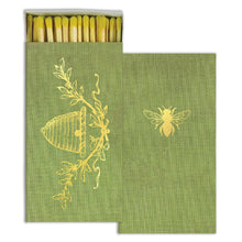 Load image into Gallery viewer, Green matchbox with yellow bee design on a white background
