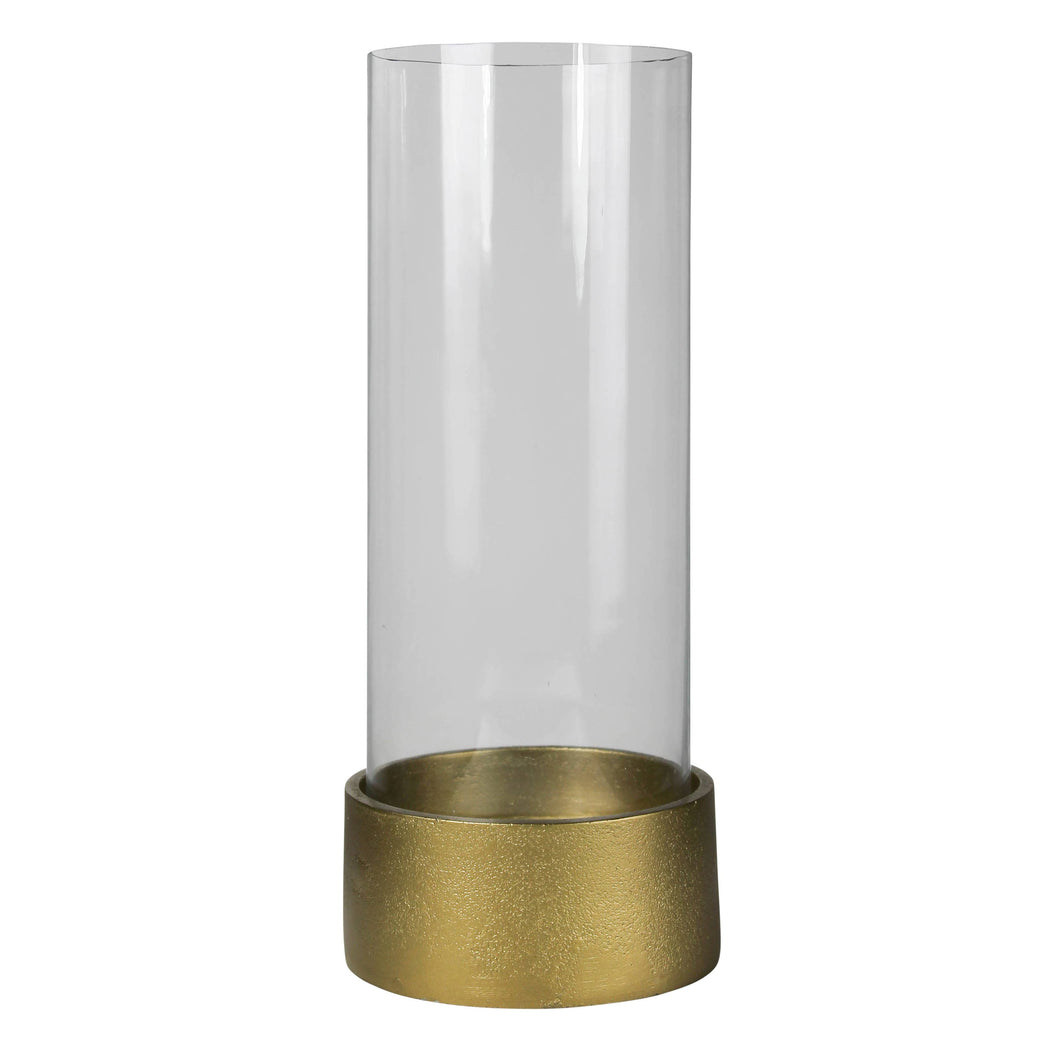 Cylindrical glass holder with gold base on a white background