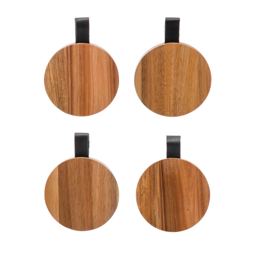 Acacia Wood Coasters with Leather Tab - Set of 4