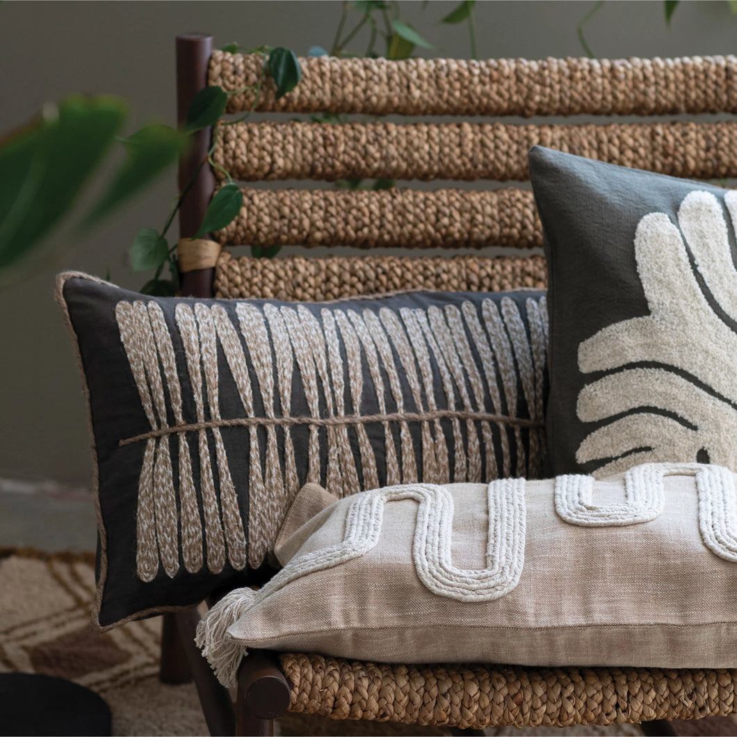 Cotton Lumbar Pillow with Jute Embroidery