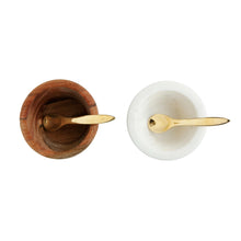 Load image into Gallery viewer, Marble &amp; Mango Wood Pinch Pots with Brass Spoons, 2 Styles, Set of 2
