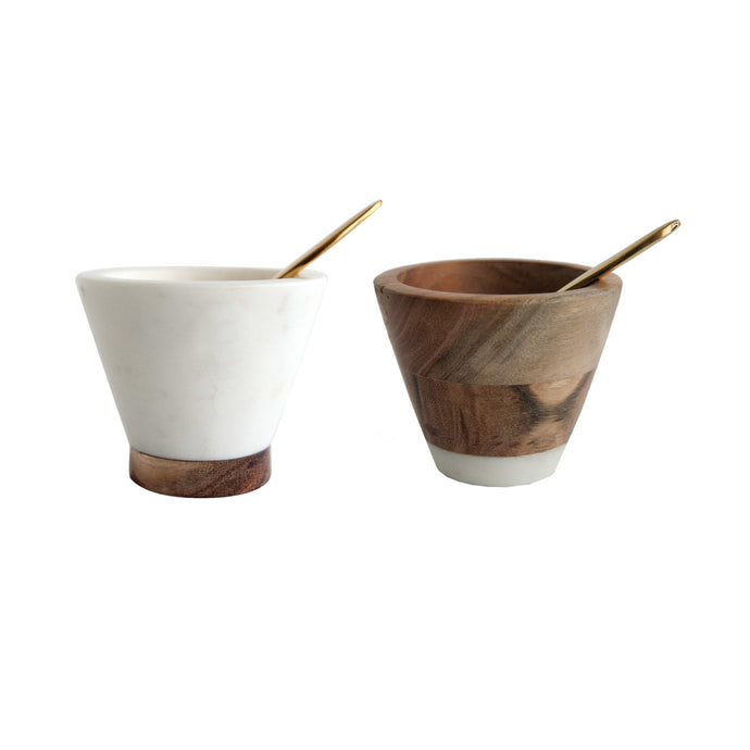 Marble & Mango Wood Pinch Pots with Brass Spoons, 2 Styles, Set of 2