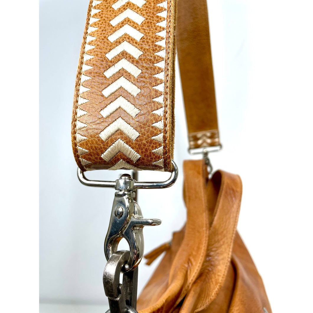 Archer Handcrafted Wide Leather Embroidered Shoulder Strap in Cognac