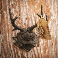 Decorative antler wall hook with a tag on a wooden background