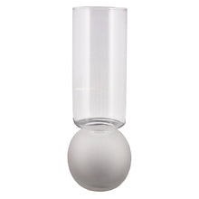 Load image into Gallery viewer, Clear cylindrical vase on a round white base against a white background
