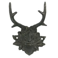 Load image into Gallery viewer, Decorative metal wall hook shaped like a deer head with antlers on a white background
