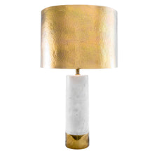 Load image into Gallery viewer, Table lamp with gold and marble design on a white background
