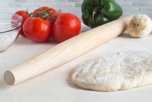 Load image into Gallery viewer, Pasta-making ingredients including tomatoes, bell pepper, garlic, and a rolling pin on a white surface.
