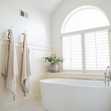 Load image into Gallery viewer, Silvia 100% Cotton Turkish Bath Towel in ivory with bold black stripe and light brown pinstripes.
