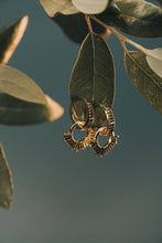 Load image into Gallery viewer, Gold earrings hanging from a branch with green leaves
