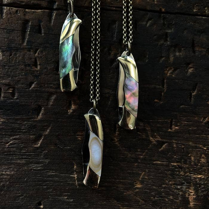 Mini Pocket knife necklaces in a variety of  colors with mother of pearl inlay